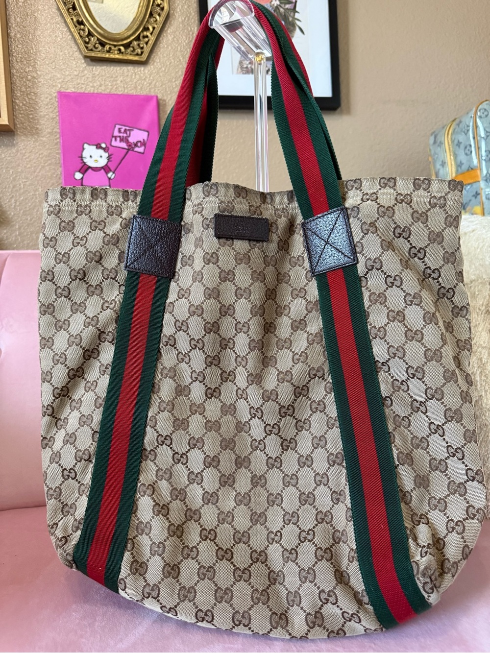 💯 Auth Gucci Vintage Monogram Tote with Red & Green Sherry Web Straps